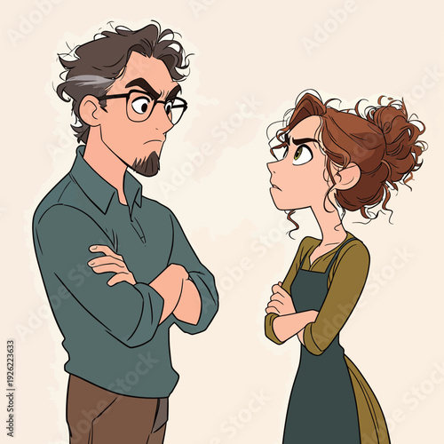 A father and daughter stand facing each other, arms crossed, showing a serious discussion at home in the daylight.