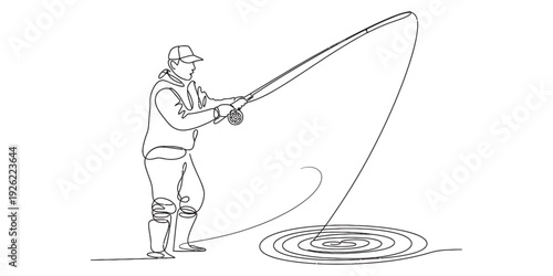 A simple black and white line drawing illustration of a fisherman casting a fly rod Vector, illustration