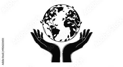 Caring hands gently cradle a stylized globe with growing branches, symbolizing global nurture and environmental hope.