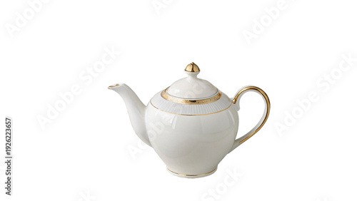 Cuadro en lienzo Elegant white teapot with gold details isolated on transparent background cut ou