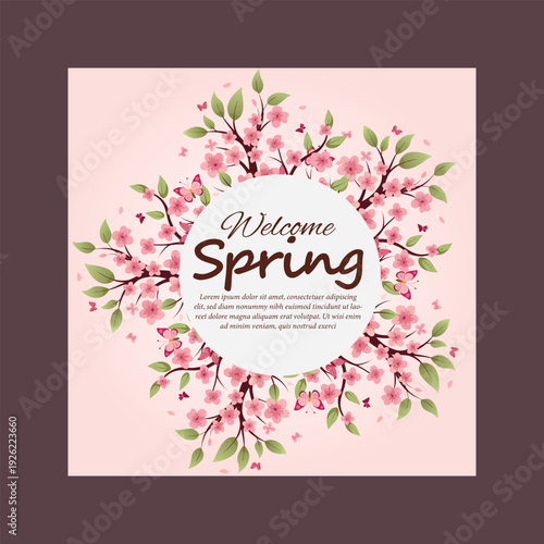 A beautiful illustration celebrating the arrival of spring with delicate cherry blossom branches and a welcoming message