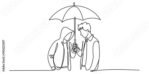 Continuous line drawing of two people sharing an umbrella for protection and support. Vector, illustration