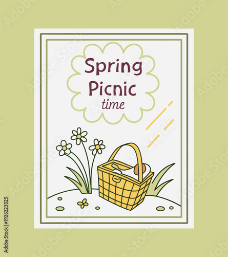 A charming illustration capturing the essence of a spring picnic with a basket, flowers, and sunny vibes