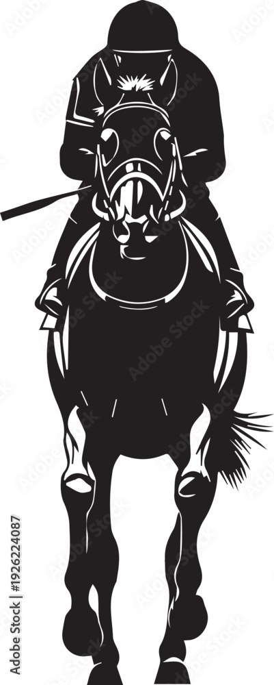 Fototapeta premium Jockey on horse racing silhouette illustration vector art, monochrome equestrian sport