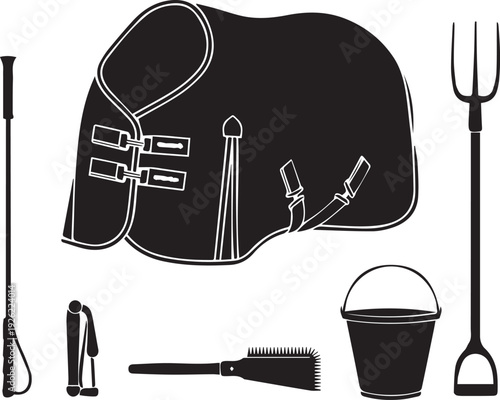 Horse equipment silhouette illustration vector art, saddle blanket and tools