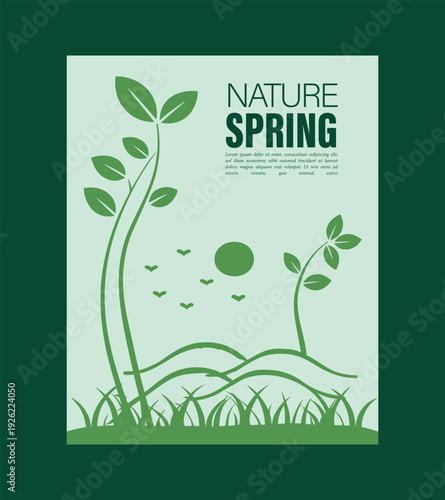 A minimalist graphic illustration celebrating the arrival of spring with growing plants and a serene natural landscape