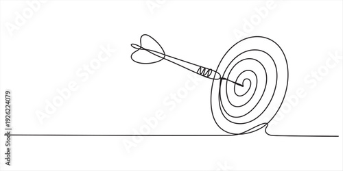 A continuous line drawing of a dart hitting the center bullseye of a target on a white background.