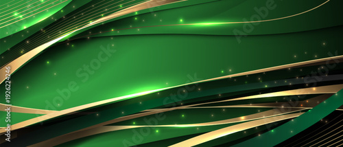 Abstract green luxury background with golden ribbon glitter elements and decoration design modern vector