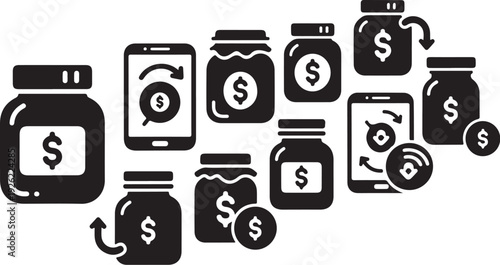 Financial icons and money symbols in black and white illustration style