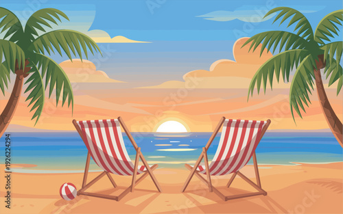 Beach Chairs Facing Sunset Ocean View with Palm Trees and Beach Ball