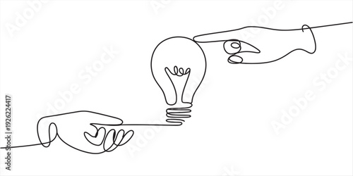 Continuous line drawing of two hands holding and pointing at a glowing lightbulb idea Vector, illustration