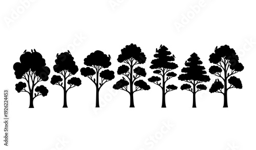 Minimalist tree silhouette vector set with perched birds and diverse forest canopy shapes isolated on white background