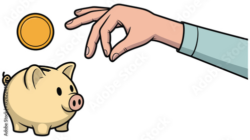 A hand putting a coin into a cartoon piggy bank illustration