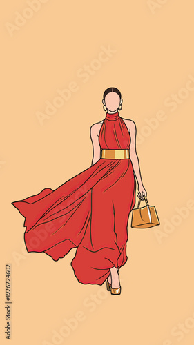 A woman dressed in a red long dress walks confidently while holding a yellow handbag. The background is simple and clean.