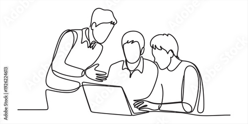 Continuous line drawing of three professional people collaborating on a laptop in an office.