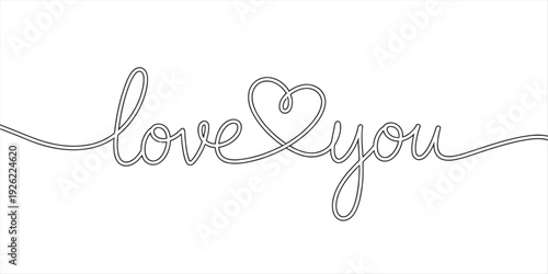 Minimalist continuous line drawing of the phrase love you with a heart symbol integrated. Vector, illustration
