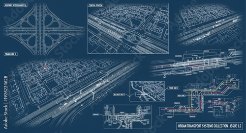 Detailed blueprint of complex highway interchange infrastructure, urban planning concept.