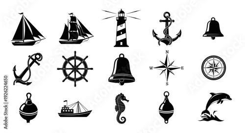 Nautical themed collection of various maritime symbols and icons in black and white.