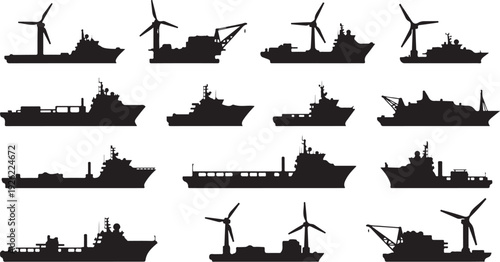 Silhouettes of various ships and wind turbines on white background