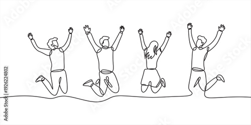 Continuous line drawing of four happy people jumping in the air with their arms raised high.