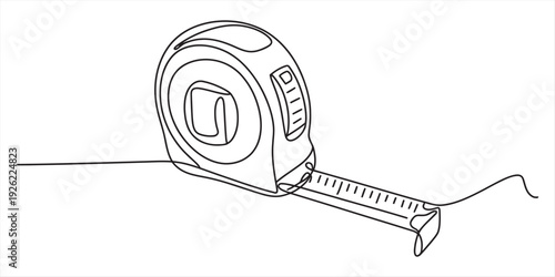 Continuous line drawing of a retractable measuring tape for construction and diy projects