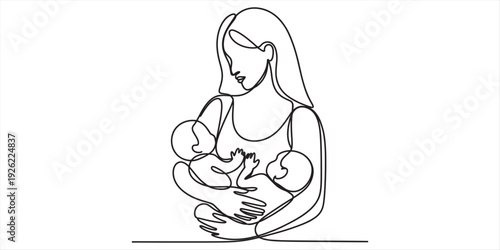 Continuous line drawing of a mother holding her twin babies in a loving embrace on white background. Vector, illustration