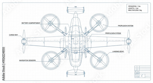 Detailed blueprint of a complex aircraft design with multiple propellers and components.