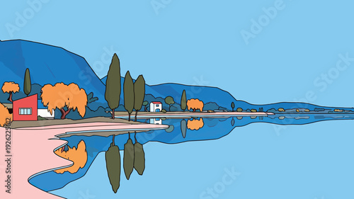 A scenic lakeside view shows houses and trees beside calm waters reflecting the landscape under a bright blue sky.