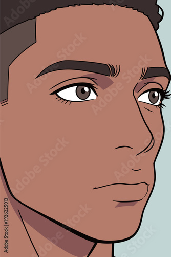 A young individual with brown eyes and a neutral expression stares ahead. The background is simple and light, drawing focus to the face.