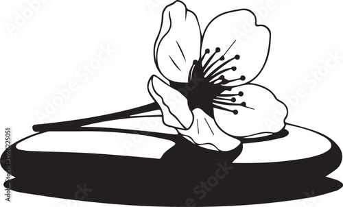 Zen stone and cherry blossom vector silhouette illustration with delicate flower line art