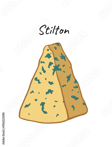 Stilton cheese pyramid with teal-blue mold veins and warm yellow tones in a hand-drawn outline style. Ideal for menus, packaging, recipes, blogs, and icons.