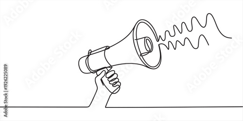 Continuous line drawing of a hand holding a megaphone with sound waves coming out. Vector, illustration