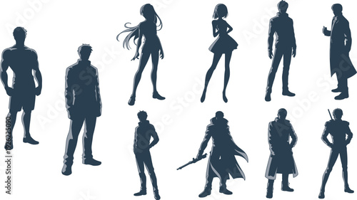 Character silhouettes, concept art, people poses, archetype vector, dramatic clipart, casual design, weapon icon, animation illustration, video game graphic, storytelling figure