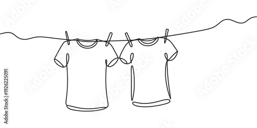 Continuous line drawing of two t-shirts hanging on a clothesline with clothespins against white. isolated on white background, Vector, illustration