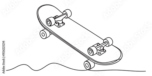 A detailed line drawing of a skateboard shown from an underside angle with wheels and trucks isolated on white background, Vector, illustration
