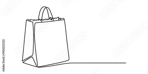 Continuous line drawing of a paper shopping bag with handles on a white background Vector, illustration