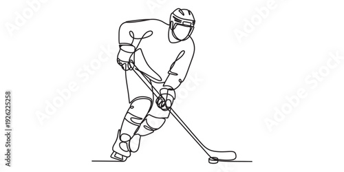Line drawing of a professional ice hockey player in full gear skating with a puck. isolated on white background, Vector, illustration