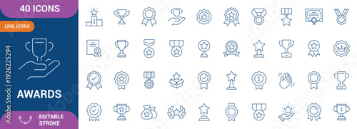 Awards Icon Set. certificate, trophy, badge, containing badge, medal, winner, achievement, recognition, prize, ribbon, success. Editable stroke. Vector illustration
