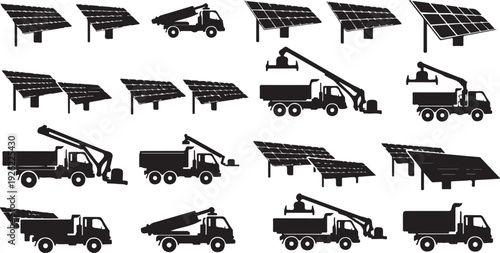 Solar panel installation with trucks and workers in a vector graphic