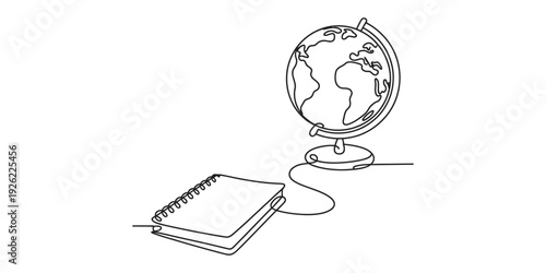 Minimalist continuous line drawing of a spiral notebook and a world globe for education isolated on white background, Vector, illustration