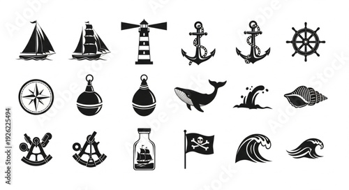 Collection of nautical themed illustrations in black and white, perfect for design.