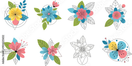 Vibrant floral designs with colorful flowers and leaves