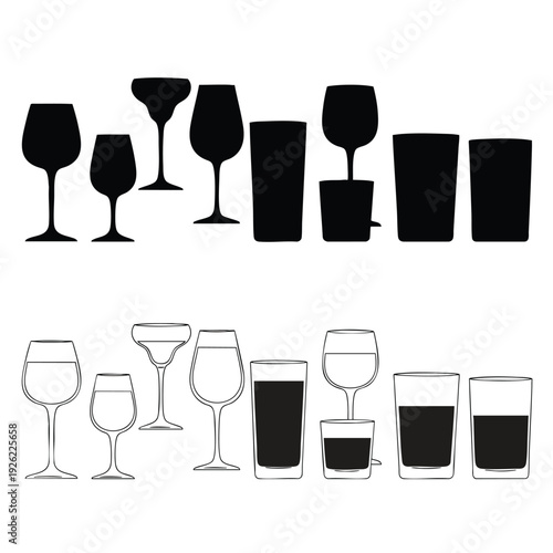 A collection of various drinking glasses shown as black silhouettes and line art outlines.