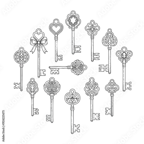 A collection of ornate vintage skeleton keys in a black and white handdrawn line art illustration.