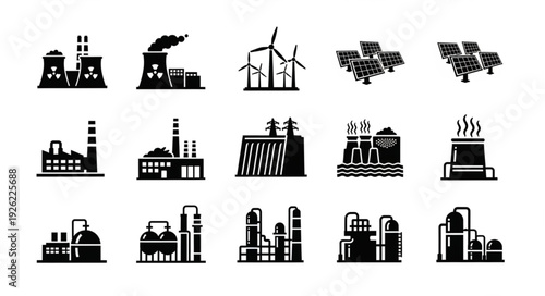 Collection of industrial and energy icons representing various power sources and factories.