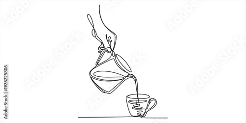 A minimalist one-line drawing of a hand pouring tea from a teapot into a small cup isolated on white background, Vector, illustration