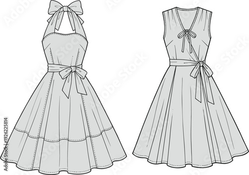 Elegant sleeveless bow waist dress vector illustration, front and back view women fashion design isolated on white