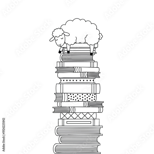 A cute fluffy sheep sleeping peacefully on a tall precarious stack of books.