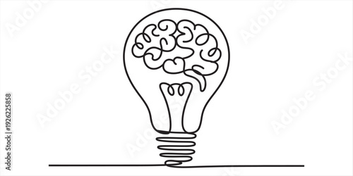 Continuous line drawing of a light bulb with a human brain inside symbolizing a creative idea isolated on white background, Vector, illustration