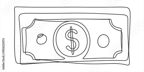 A simple hand drawn black and white line art illustration of a single dollar bill banknote. isolated on white background, Vector, illustration